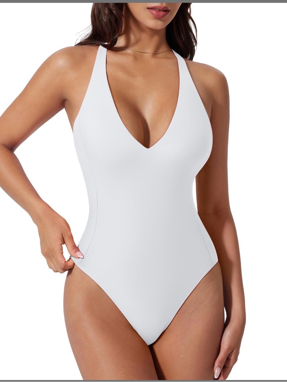 White V-Neck One-Piece Swimsuit - Women Swim